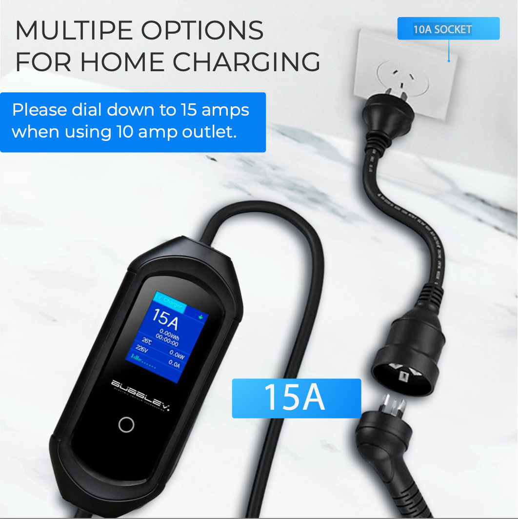 EV Charger 15A Portable, Type 2, 5m Charging Cable, 3.3kW Fast Charge, Compatible with Australian 15A Sockets