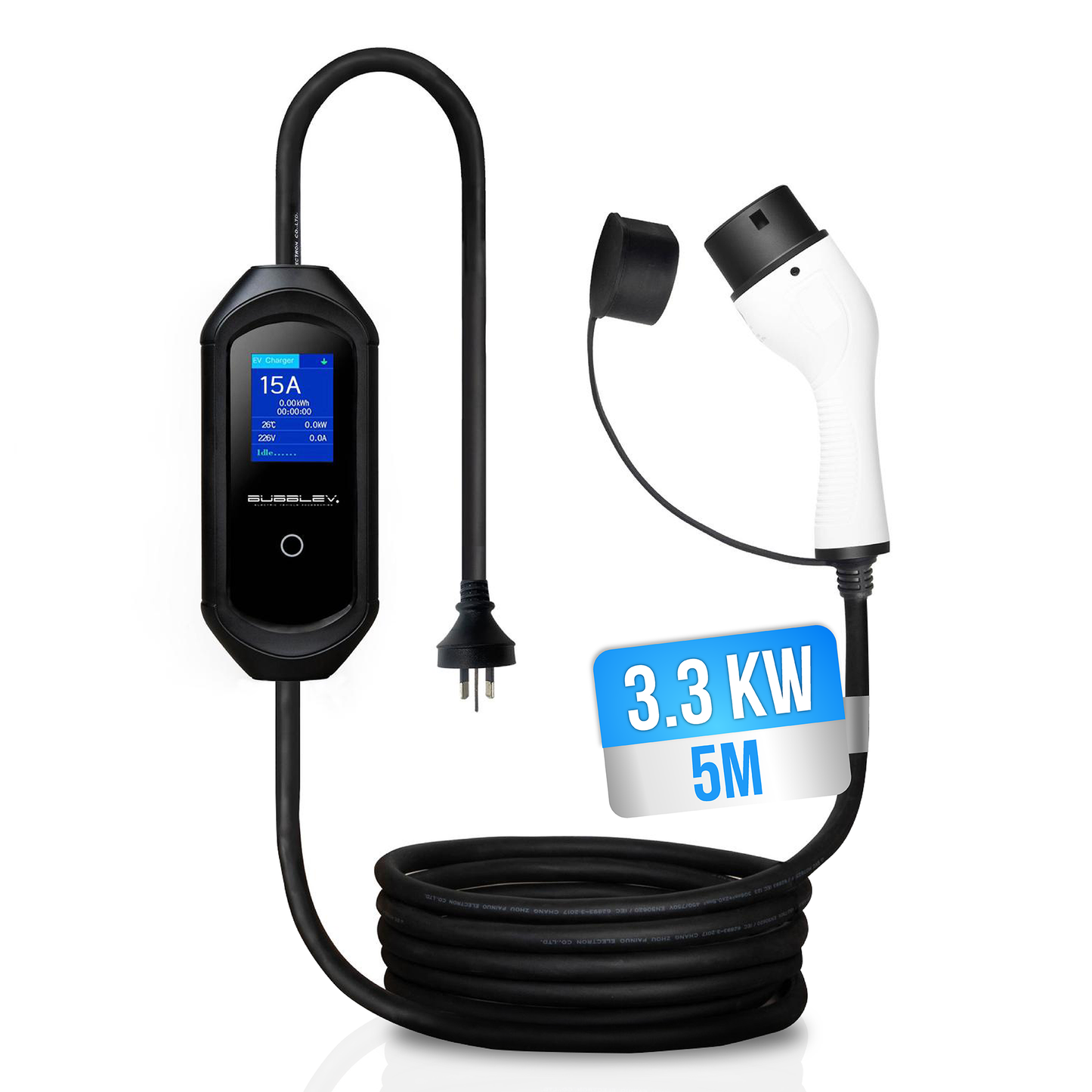 EV Charger 15A Portable, Type 2, 5m Charging Cable, 3.3kW Fast Charge, Compatible with Australian 15A Sockets